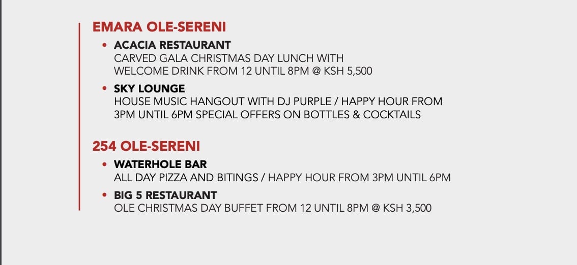 Where to Eat Christmas Lunch in Nairobi 2024 3 Emara ole sereni christmas lunch in Nairobi